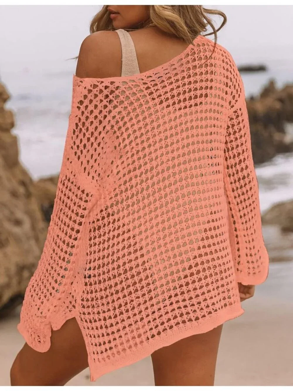 Women's Coral Hollow Out Knit Crochet Imported Polyester Swim Cover Up